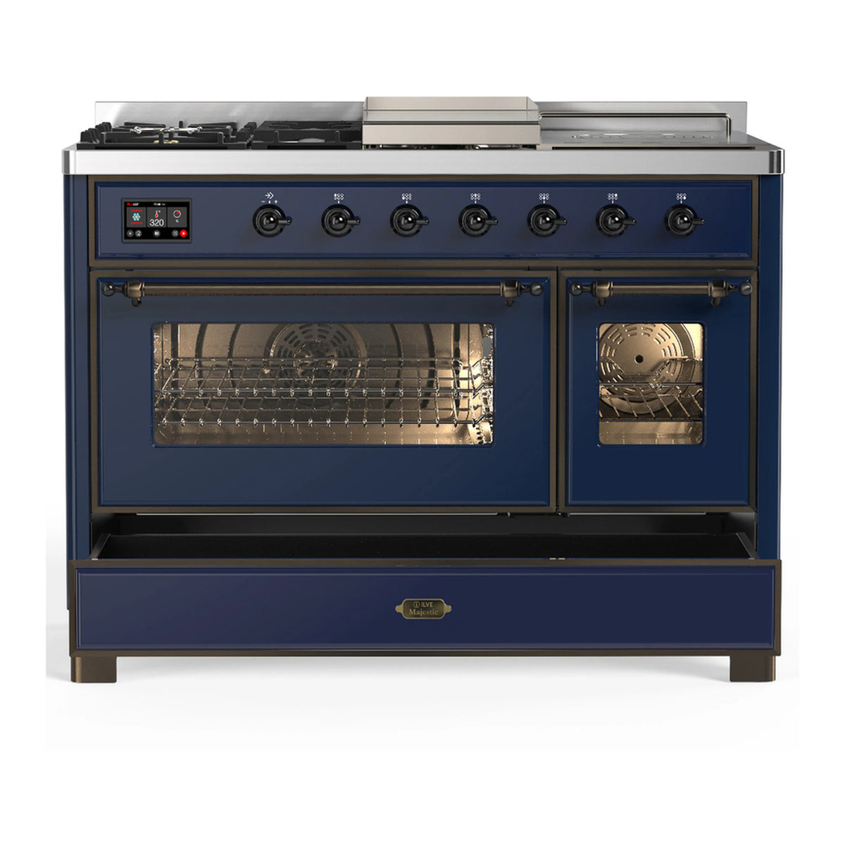 Midnight blue dual fuel range, five gas burners and dual oven doors, front view.