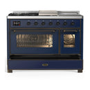 ILVE Majestic III 48-inch Dual Fuel Range with 5 Natural Gas Burner, Griddle, French Top and Triple Glass Door Electric Oven in Midnight Blue with Burnished Trim (UM48FSNR3MBB)