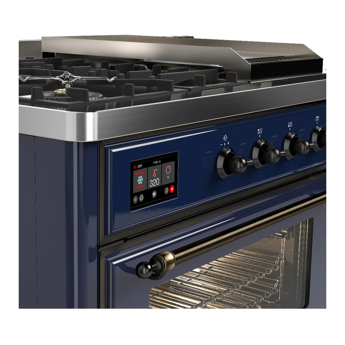 Blue dual fuel range control panel with digital display and oven interior rack.