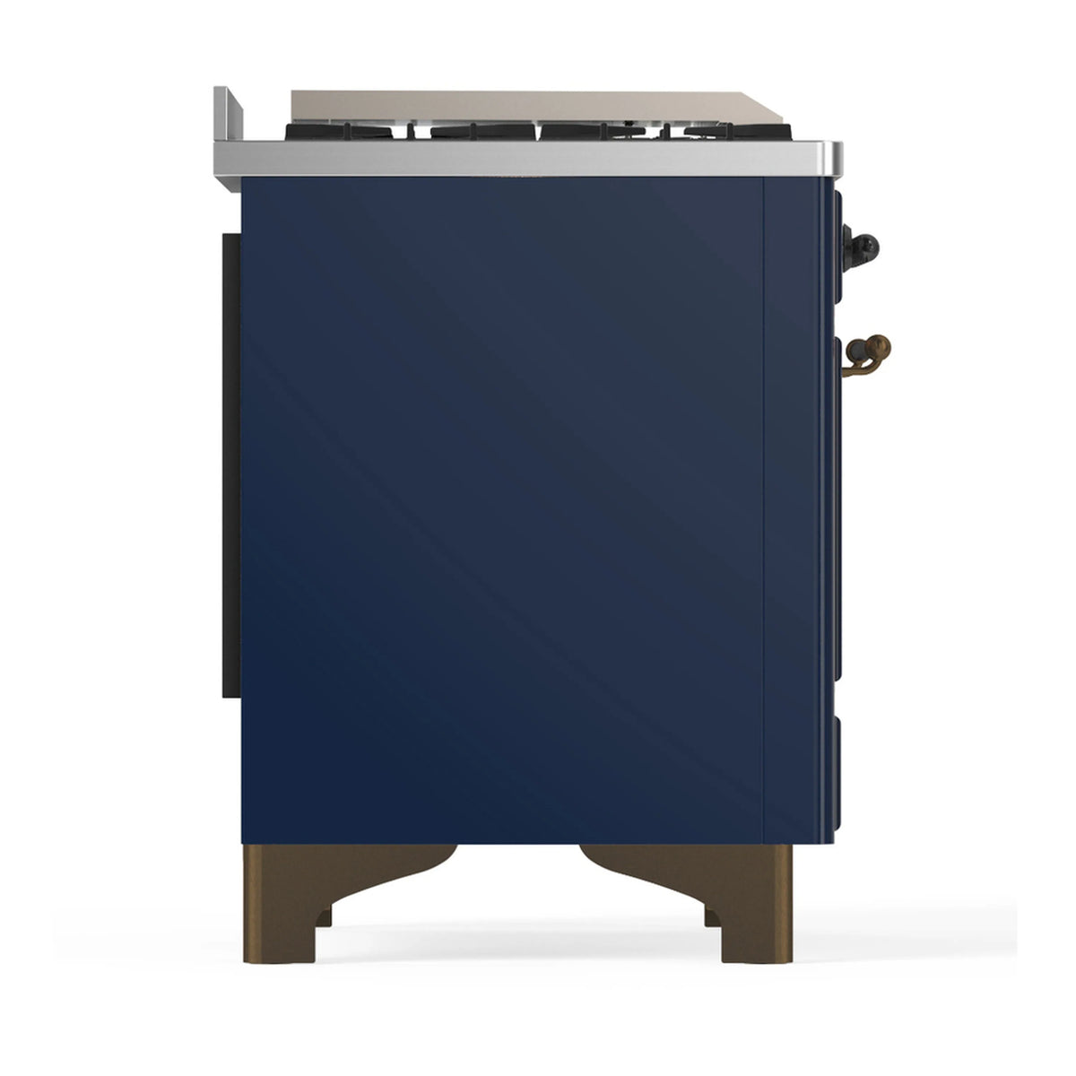 Blue dual fuel range side panel with stainless top and brass-finish knobs.