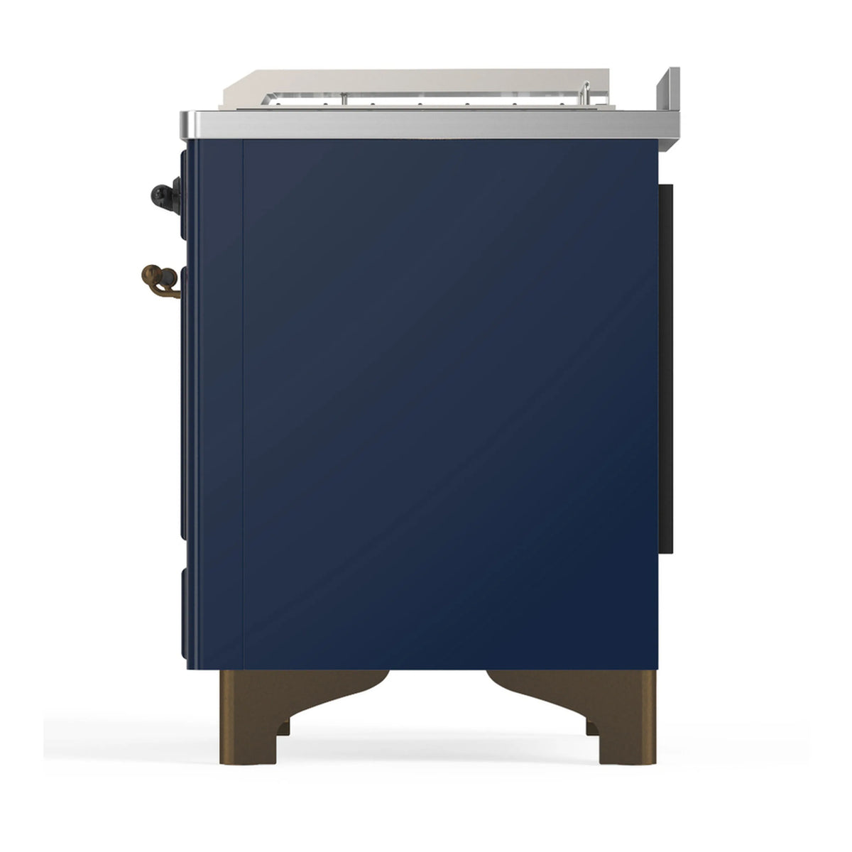 Blue dual fuel range opposite side panel with stainless top and side controls.
