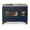 ILVE Majestic III 48-inch Dual Fuel Range with 5 Liquid Propane Burner, Griddle, French Top and Triple Glass Door Electric Oven in Midnight Blue with Burnished Trim (UM48FSNR3MBBLP)