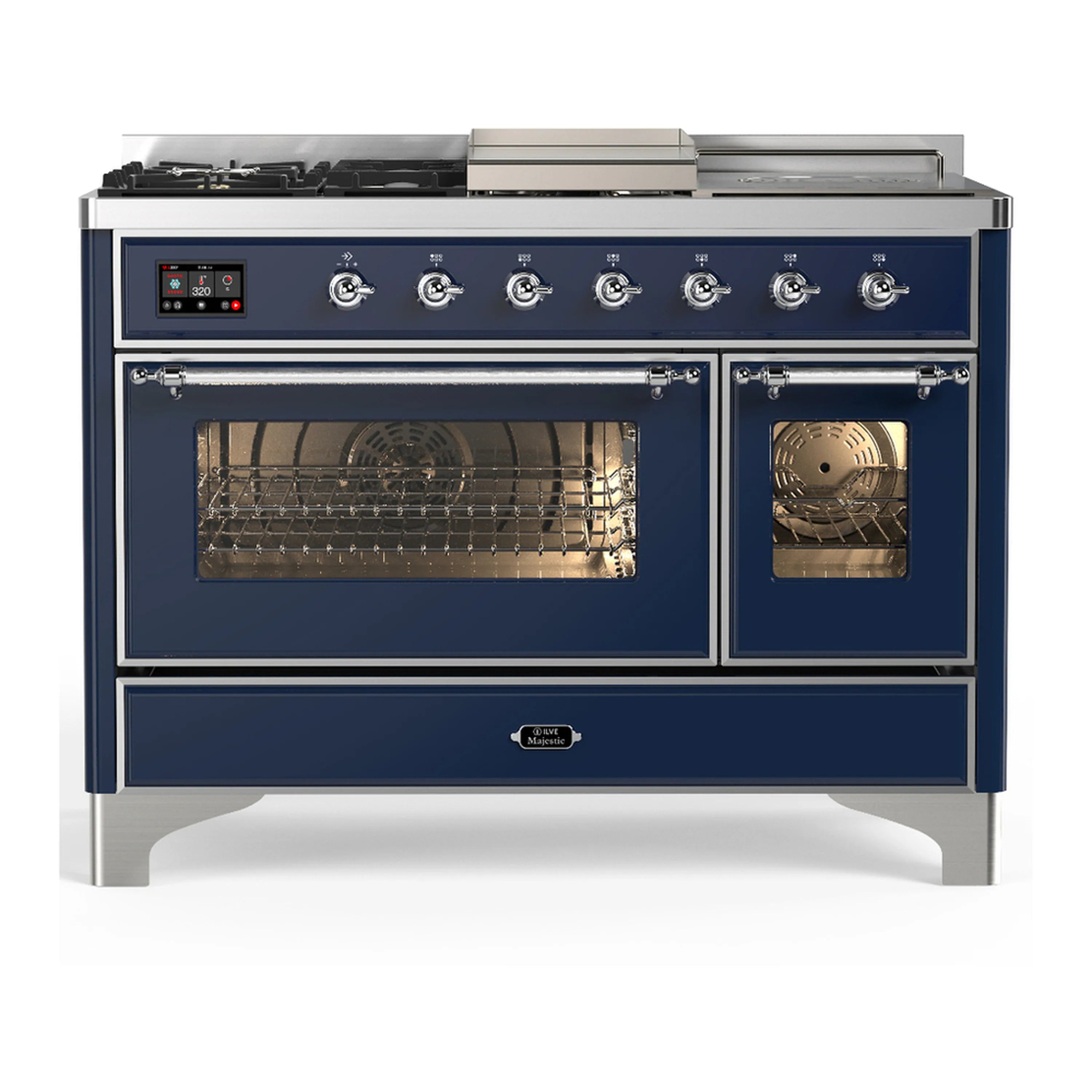 Midnight blue dual fuel range with chrome trim; ovens open showing racks and oven interiors.