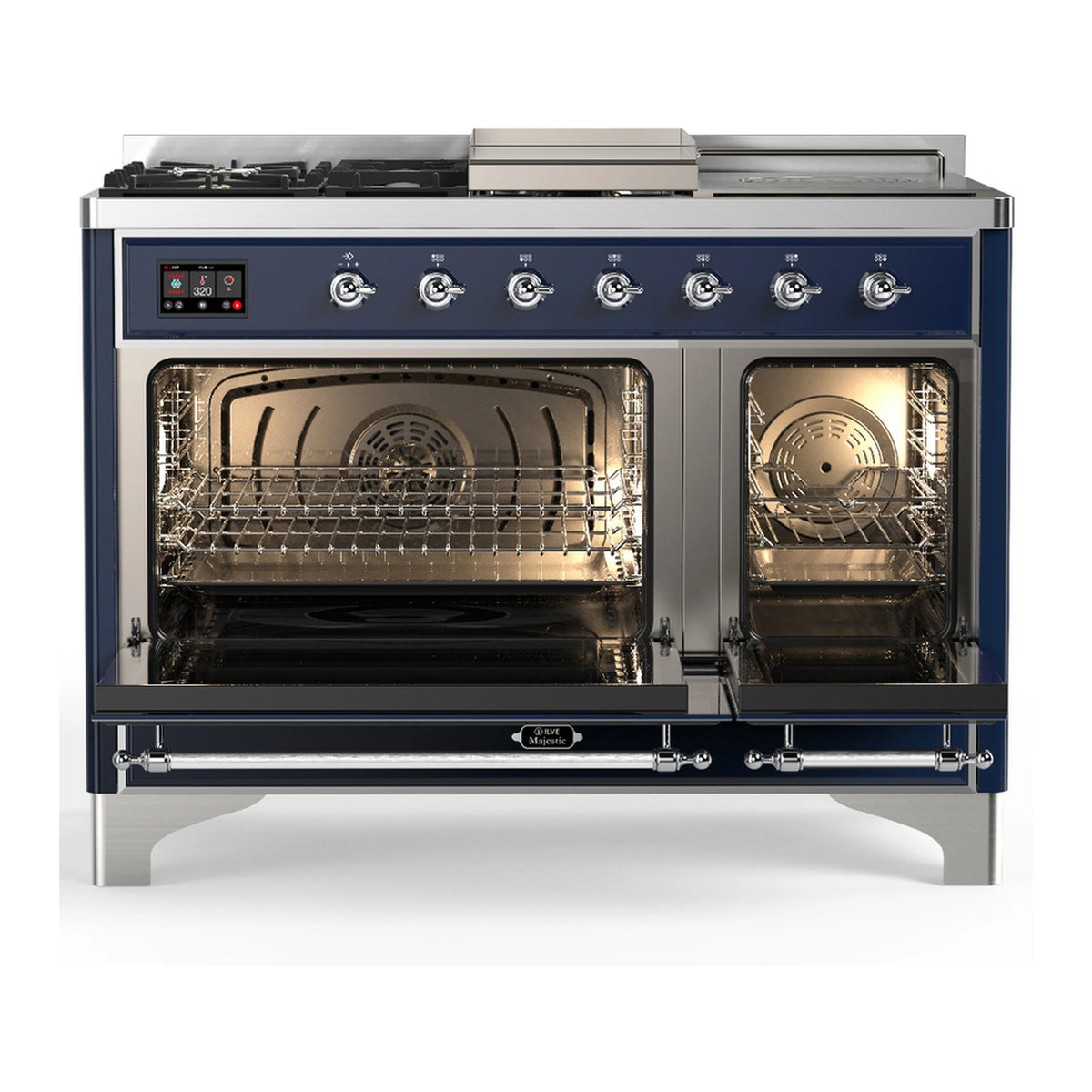 Midnight blue dual fuel range with chrome trim; two oven doors open with lit interiors.