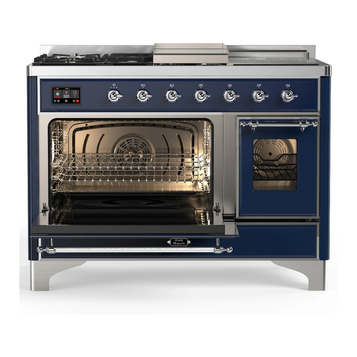 Midnight blue dual fuel range with chrome trim; open oven doors showing racks and burners.