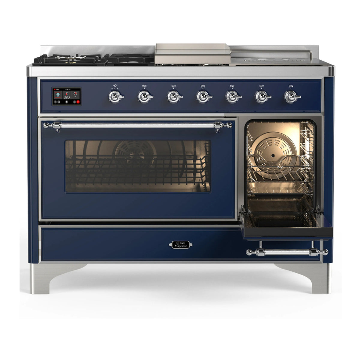 Midnight blue range with chrome trim; right oven door open showing interior racks and fan.