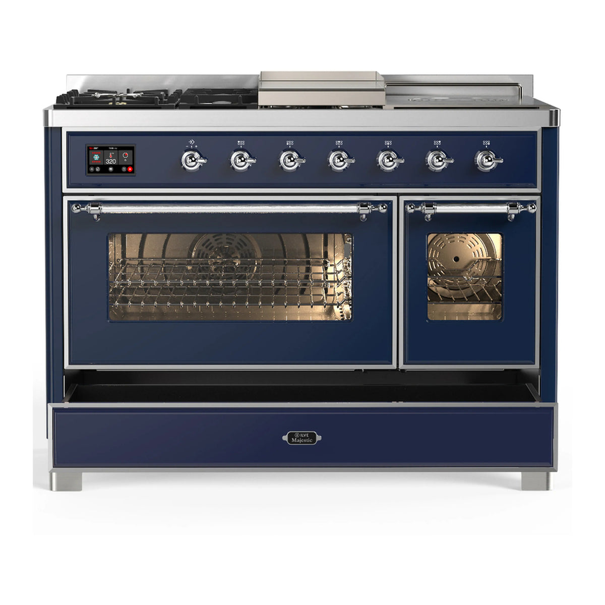 Midnight blue dual fuel range with chrome trim; both ovens open with visible racks and fan.