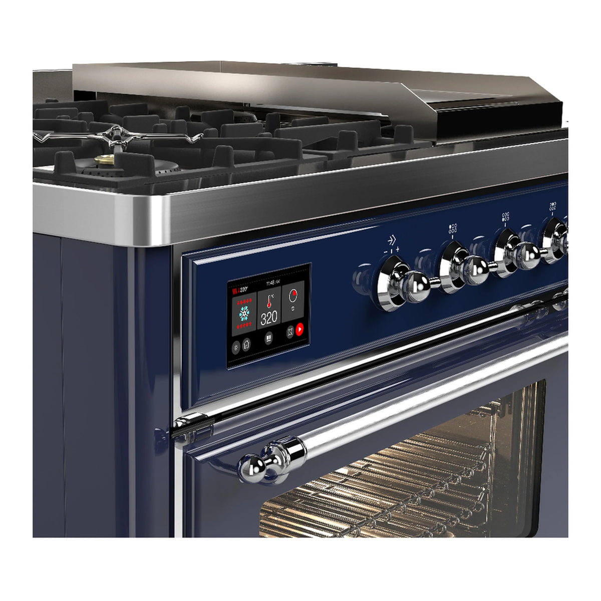 Midnight blue dual fuel range control panel with knobs, display, and oven door below.
