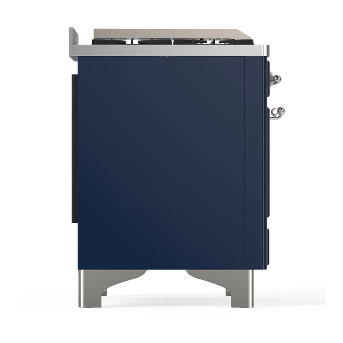 Midnight blue side panel of a dual fuel range with chrome trim and control side hardware.