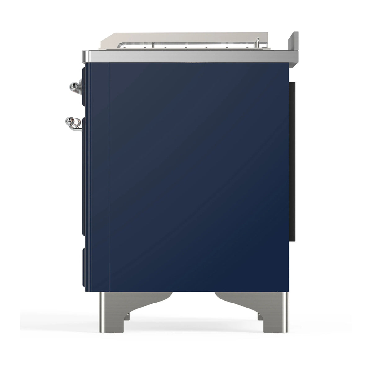 Midnight blue rear-side view of a dual fuel range with chrome legs and side handles.