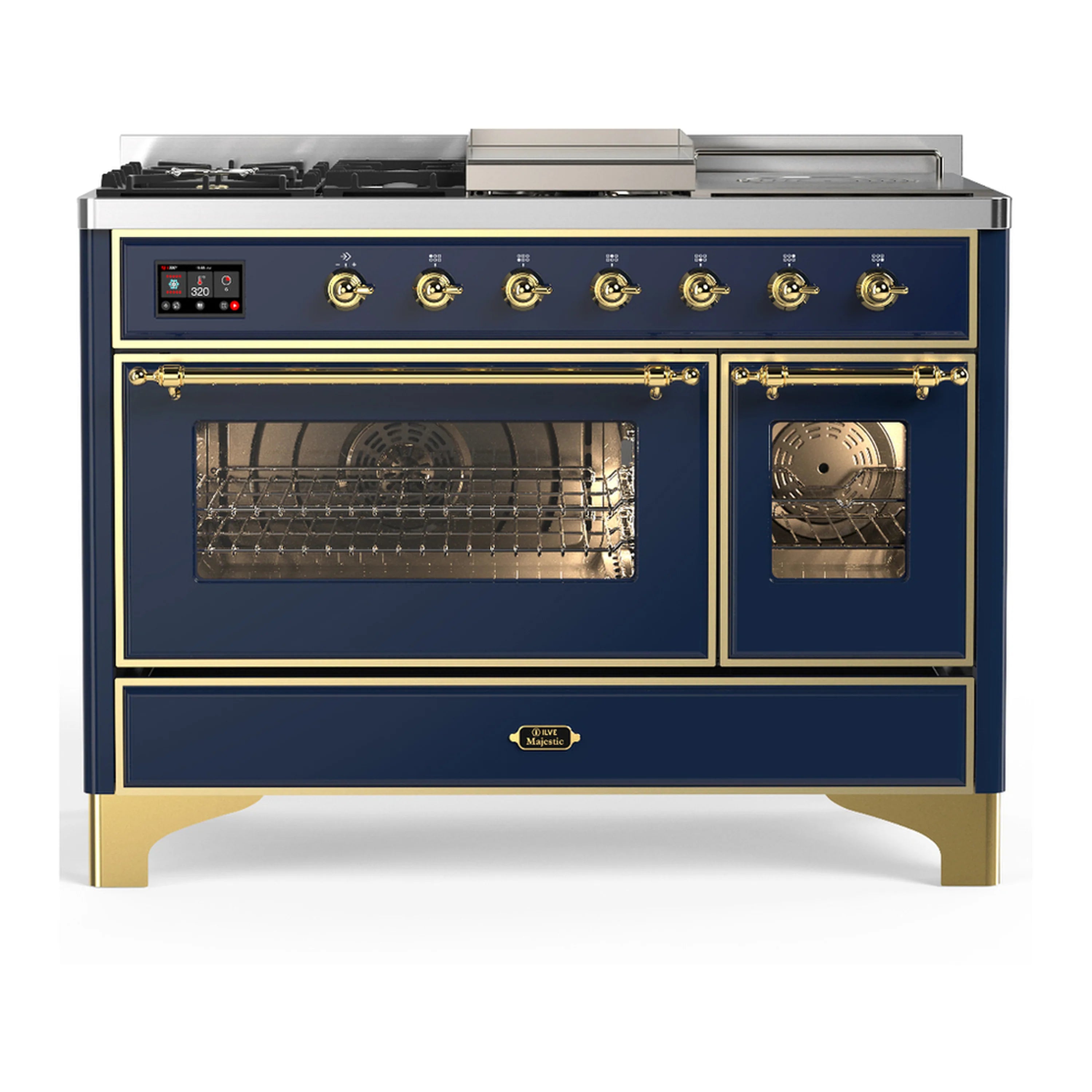 Blue grey dual fuel range with brass trim, closed dual oven doors and front control knobs