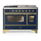 ILVE Majestic III 48-inch Dual Fuel Range with 5 Liquid Propane Burner, Griddle, French Top and Triple Glass Door Electric Oven in Blue Grey with Brass Trim (UM48FSNR3MBGLP)