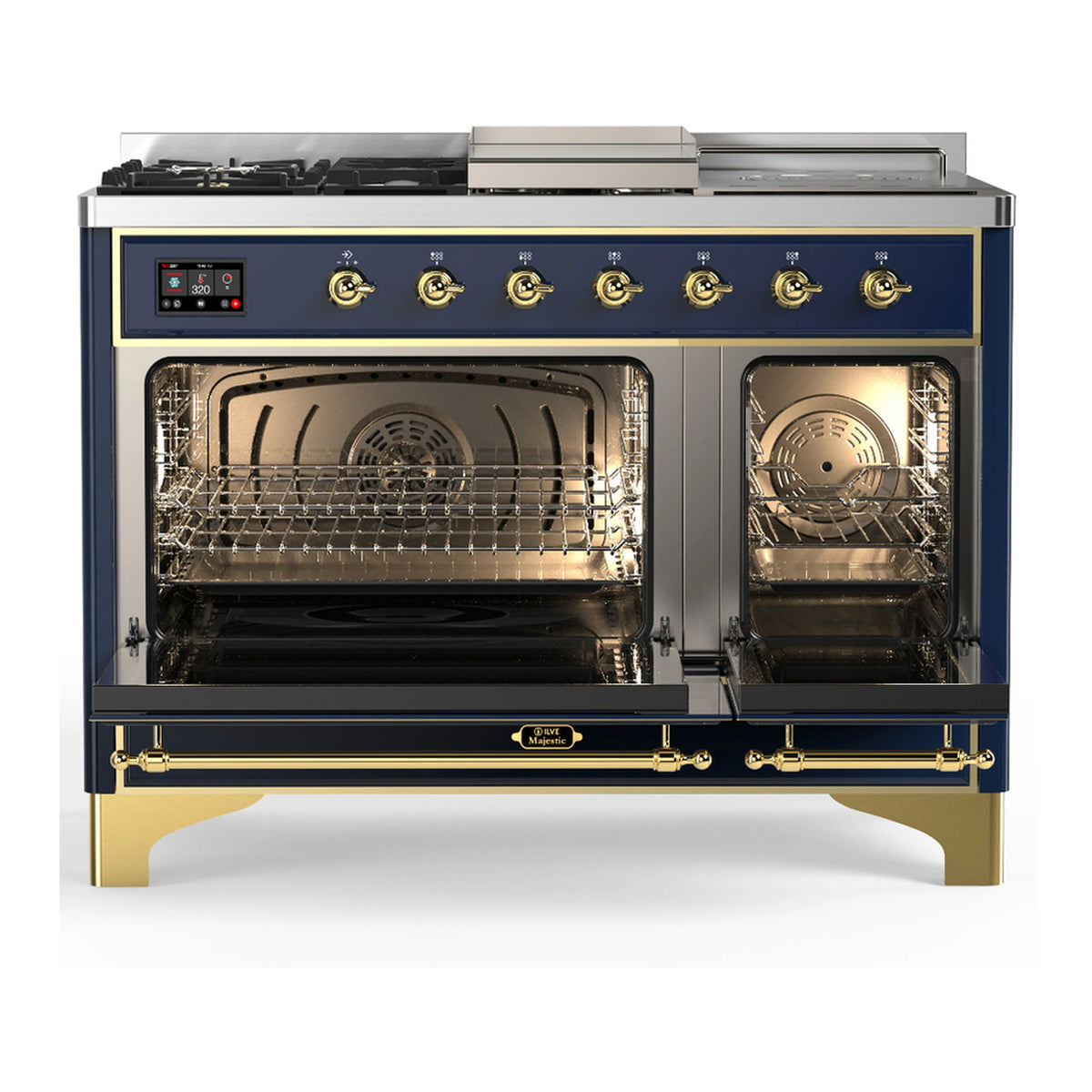 Blue grey dual fuel range with brass trim, left oven door open with interior racks