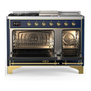 ILVE Majestic III 48-inch Dual Fuel Range with 5 Natural Gas Burner, Griddle, French Top and Triple Glass Door Electric Oven in Blue Grey with Brass Trim (UM48FSNR3MBG)