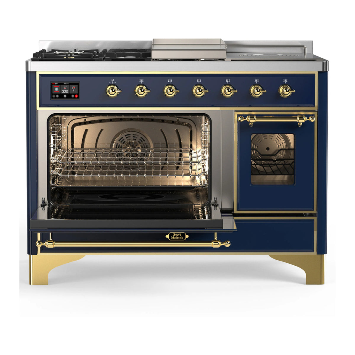 Blue grey dual fuel range with brass trim, open oven door, triple glass windows