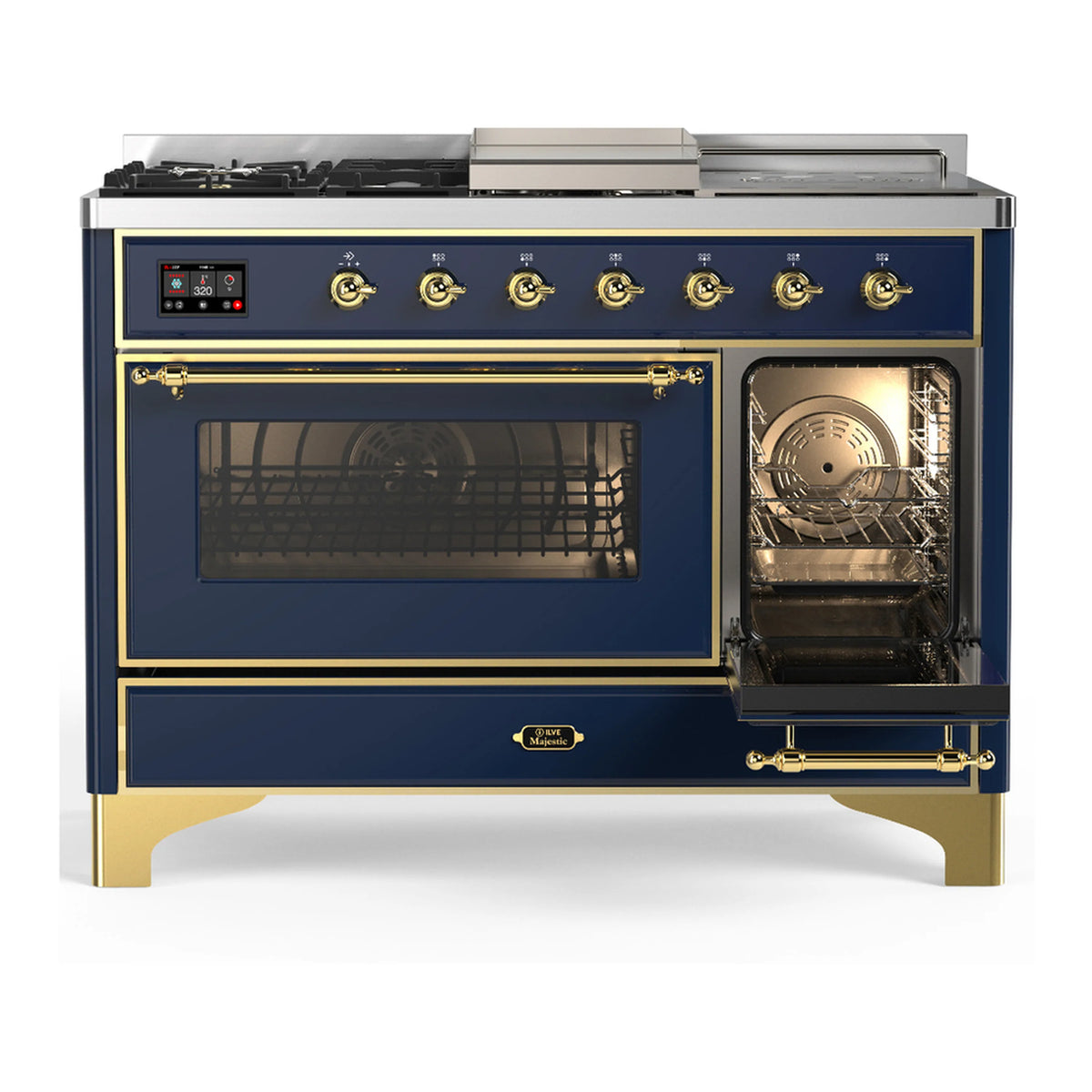 Blue grey dual fuel range with brass trim, right oven door open and oven rack visible