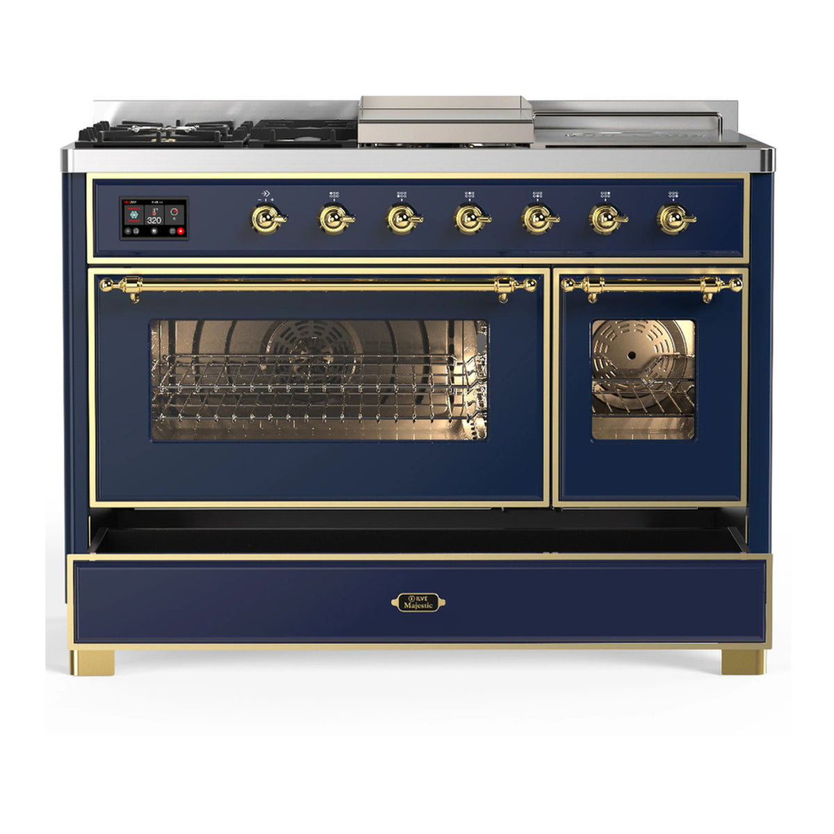 Blue grey dual fuel range with brass trim, both oven doors closed, front view