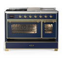 ILVE Majestic III 48-inch Dual Fuel Range with 5 Natural Gas Burner, Griddle, French Top and Triple Glass Door Electric Oven in Blue Grey with Brass Trim (UM48FSNR3MBG)