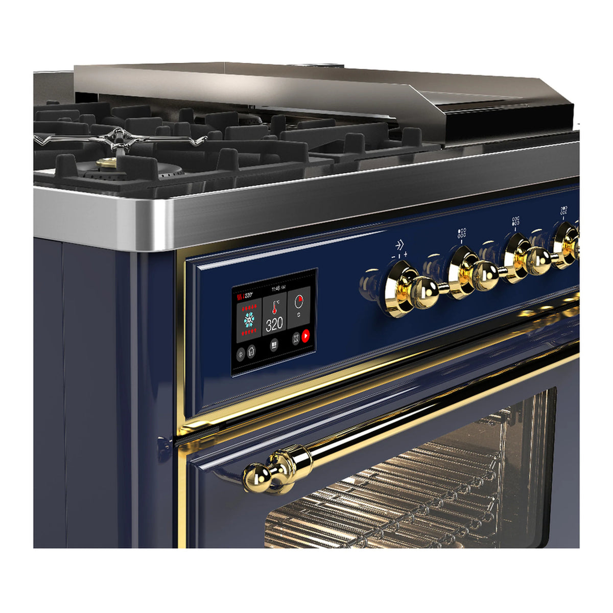 Blue grey dual fuel range with brass knobs and control panel, open oven door with racks