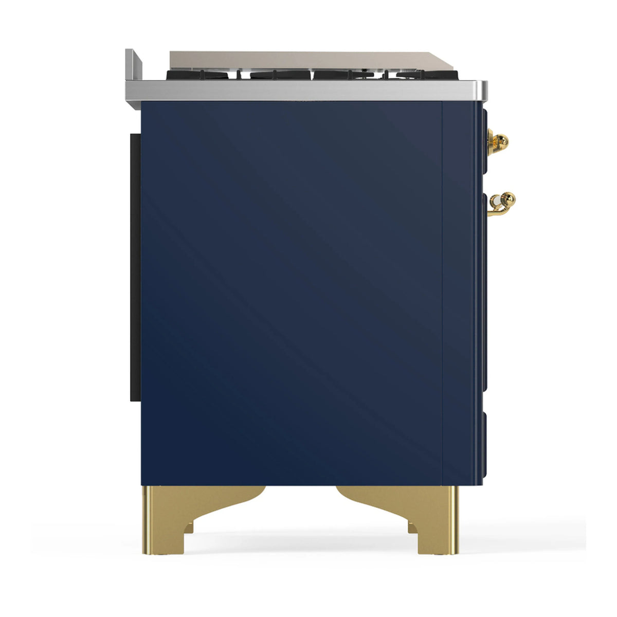 Blue grey dual fuel range cabinet with brass trim legs and stainless cooktop cover