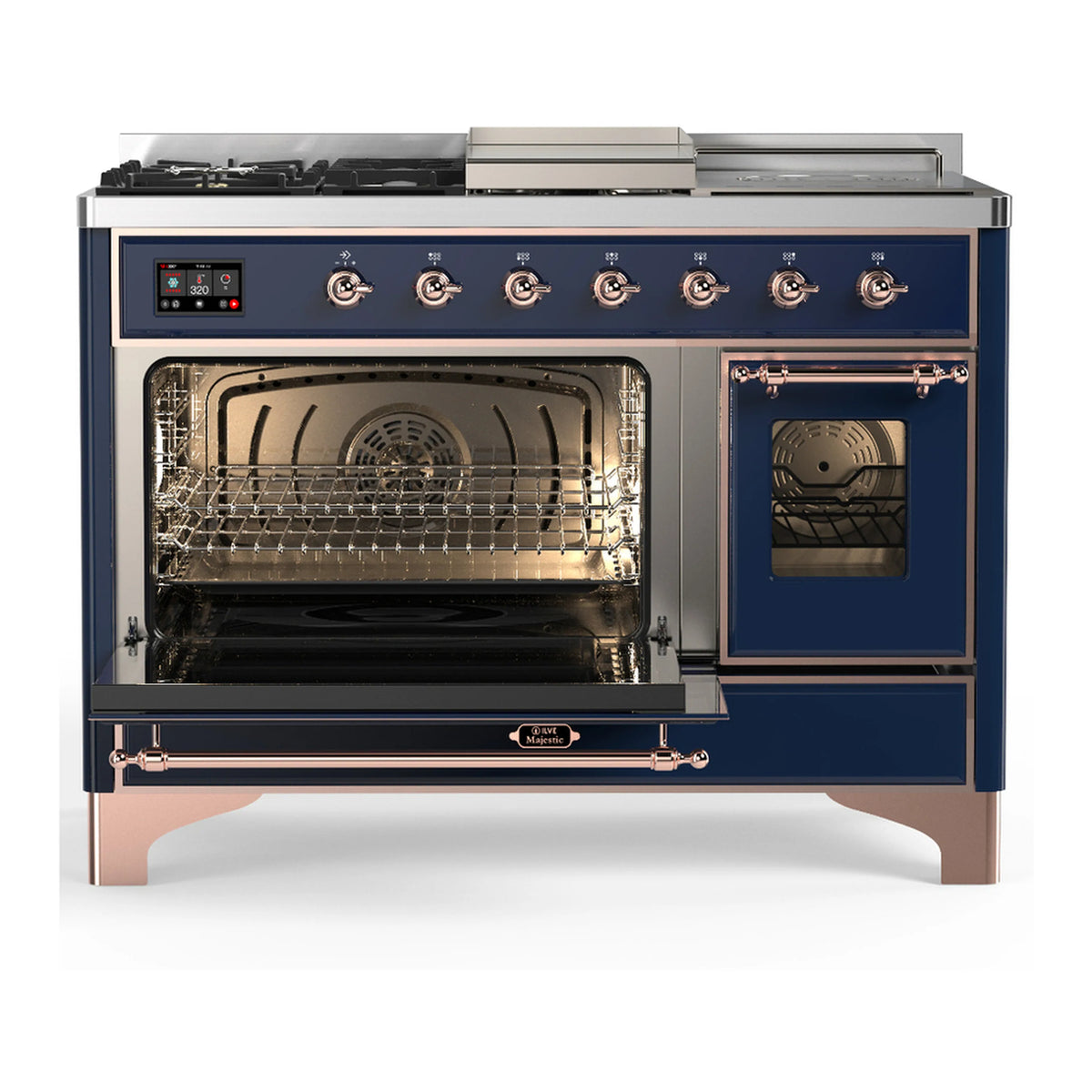 Midnight blue dual fuel range with one oven door open, burner panel and copper details
