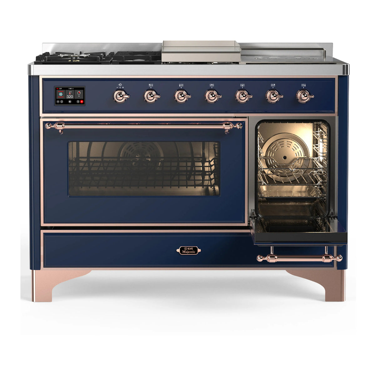 Midnight blue dual fuel range with copper trim, left oven window and right oven door