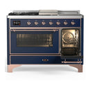 ILVE Majestic III 48-inch Dual Fuel Range with 5 Natural Gas Burner, Griddle, French Top and Triple Glass Door Electric Oven in Midnight Blue with Copper Trim (UM48FSNR3MBP)