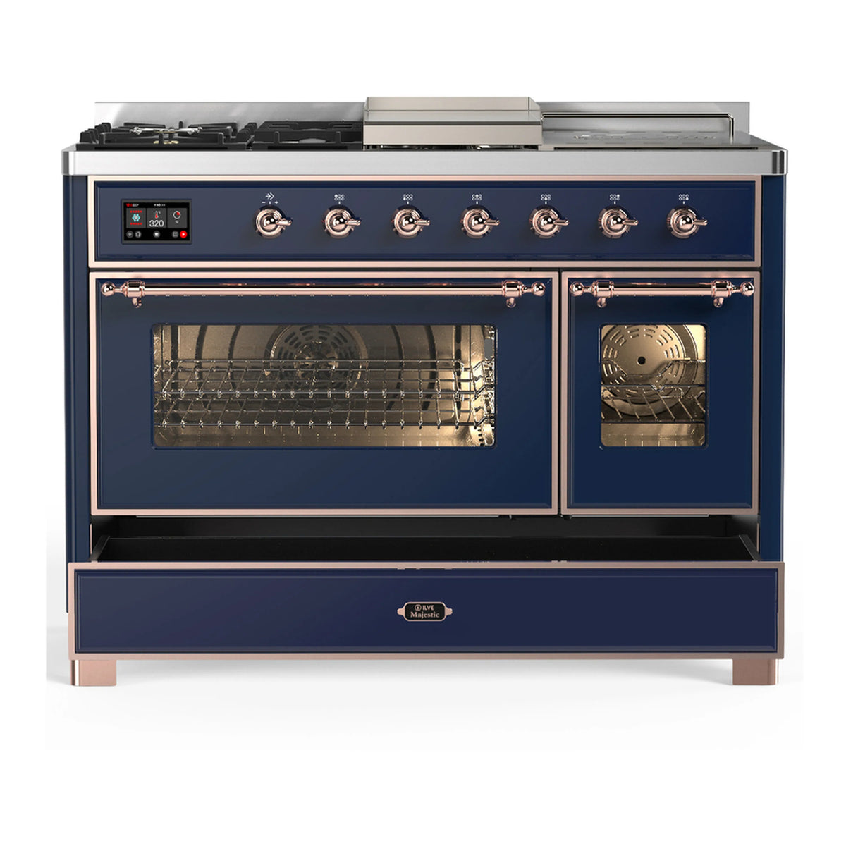 Midnight blue dual fuel range with copper trim, open cooktop and dual oven doors