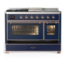 ILVE Majestic III 48-inch Dual Fuel Range with 5 Liquid Propane Burner, Griddle, French Top and Triple Glass Door Electric Oven in Midnight Blue with Copper Trim (UM48FSNR3MBPLP)