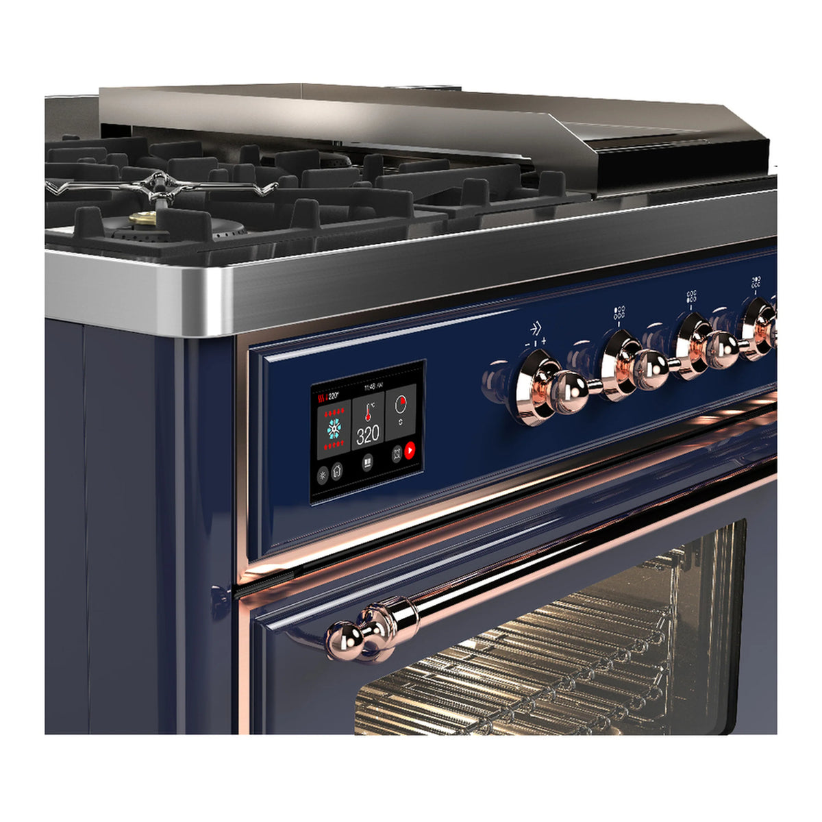 Midnight blue range corner view with control panel, copper knobs, and oven door
