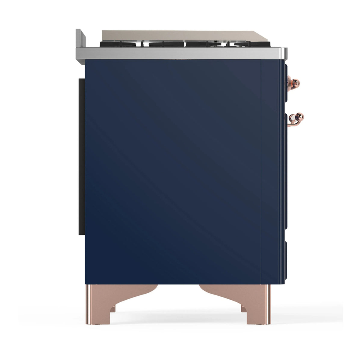 Midnight blue dual fuel range side panel with stainless top and copper base trim