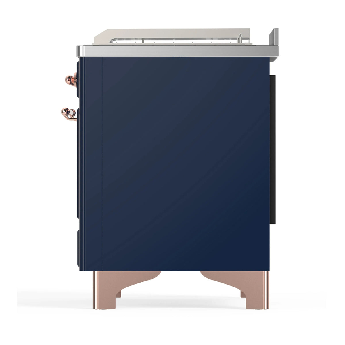 Midnight blue dual fuel range rear side with stainless top and copper-trimmed legs
