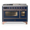ILVE Majestic III 48-inch Dual Fuel Range with 5 Natural Gas Burner, Griddle, French Top and Triple Glass Door Electric Oven in Midnight Blue with Copper Trim (UM48FSNR3MBP)