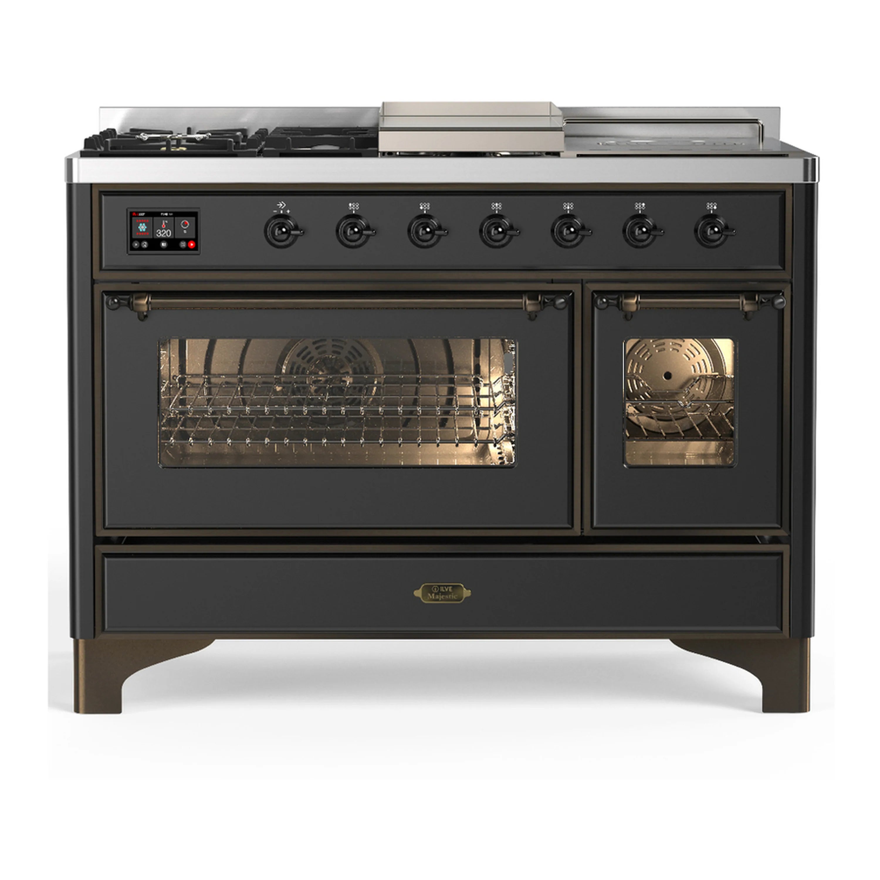 Graphite matte dual-fuel range with 5 gas burners, french top, and triple-glass oven door