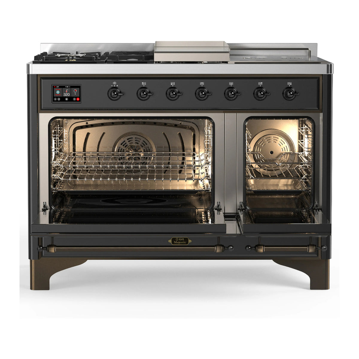 Graphite dual-fuel range with open main oven featuring racks and side oven window