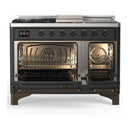 ILVE Majestic III 48-inch Dual Fuel Range with 5 Liquid Propane Burner, Griddle, French Top and Triple Glass Door Electric Oven in Graphite Matte with Burnished Trim (UM48FSNR3MGBLP)
