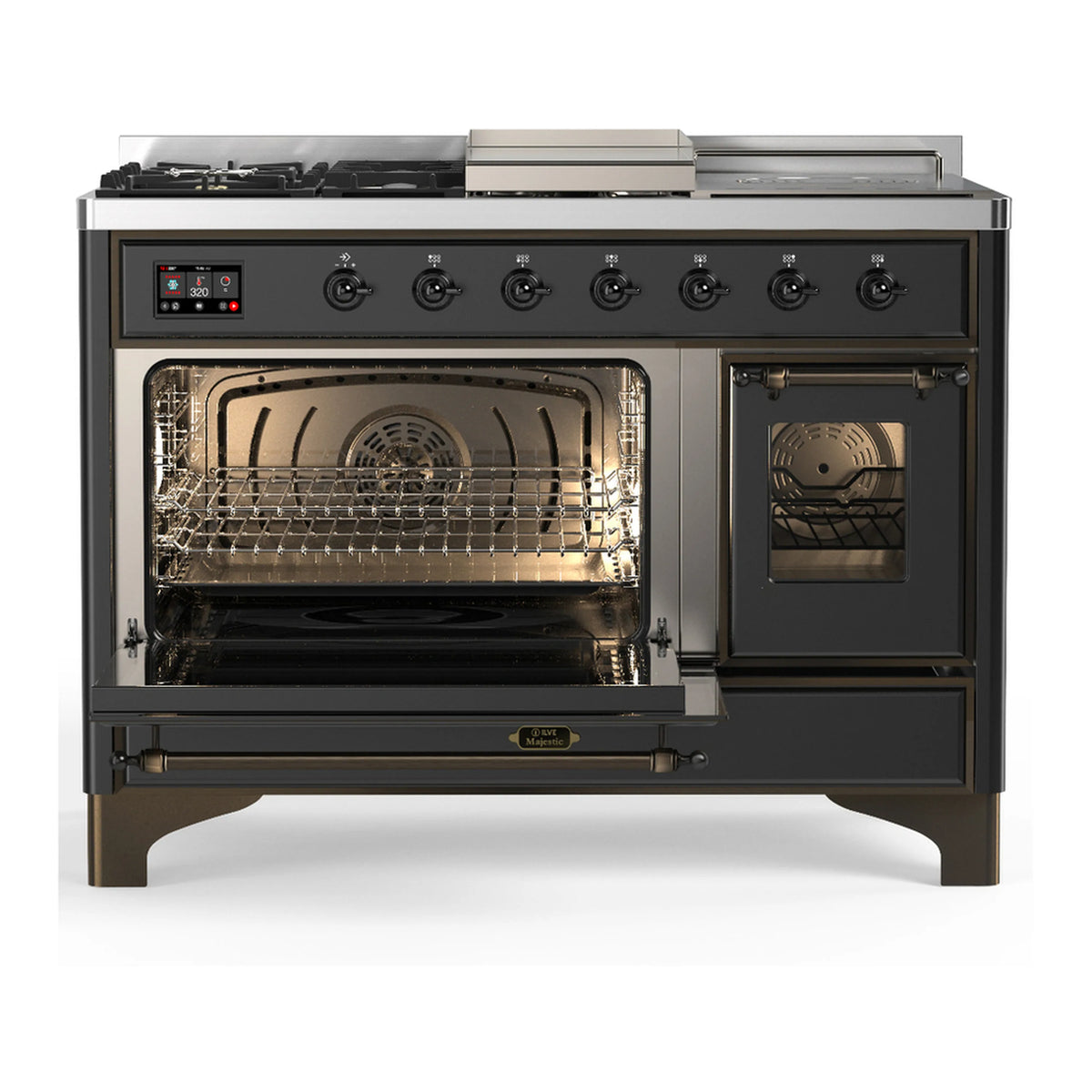 Graphite matte dual-fuel range with open main oven cavity, racks, and side oven door