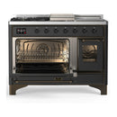 ILVE Majestic III 48-inch Dual Fuel Range with 5 Natural Gas Burner, Griddle, French Top and Triple Glass Door Electric Oven in Graphite Matte with Burnished Trim (UM48FSNR3MGB)