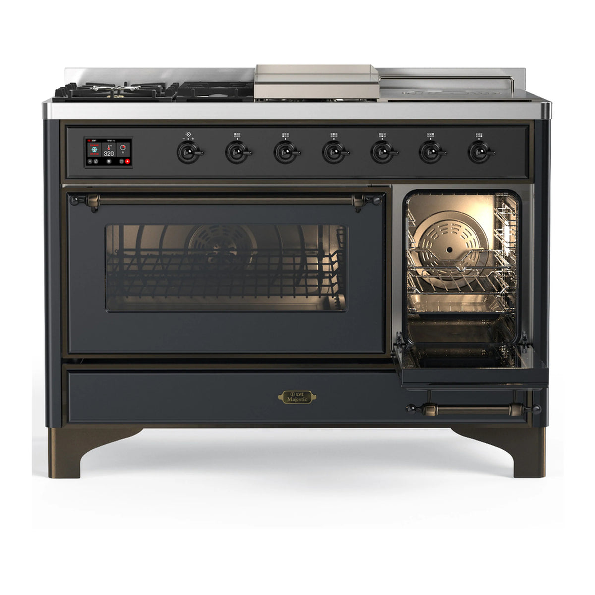 Graphite matte dual-fuel range with closed main oven door and side oven door window