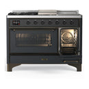 ILVE Majestic III 48-inch Dual Fuel Range with 5 Liquid Propane Burner, Griddle, French Top and Triple Glass Door Electric Oven in Graphite Matte with Burnished Trim (UM48FSNR3MGBLP)