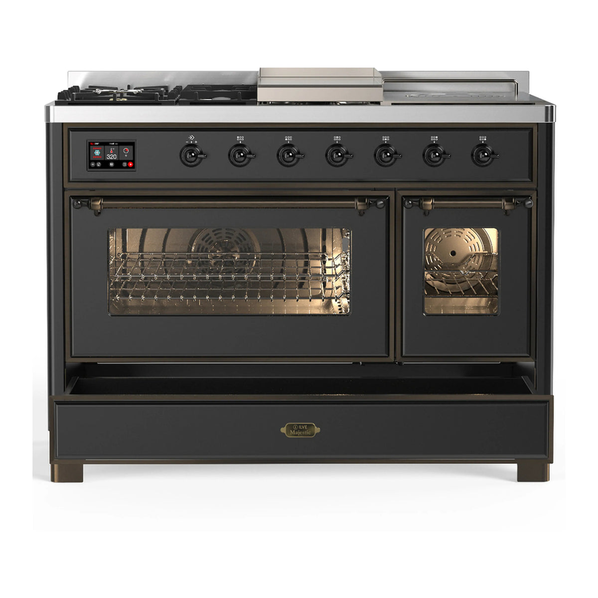Graphite matte dual fuel range with two oven doors and burner control panel