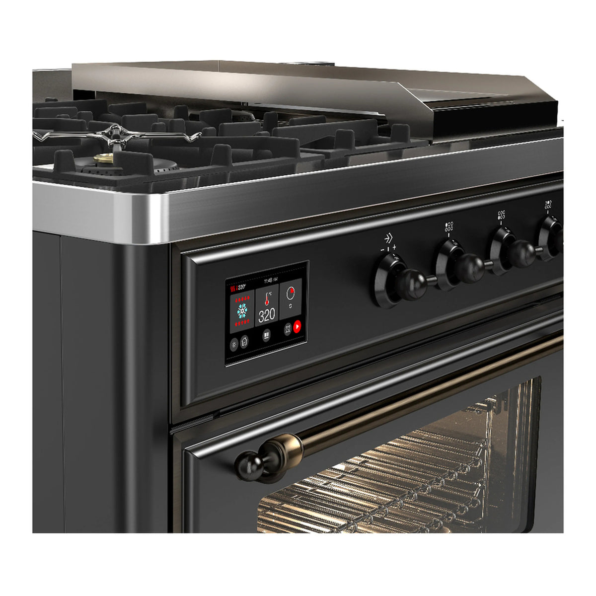Graphite dual-fuel range control panel with knobs and open oven showing griddle surface