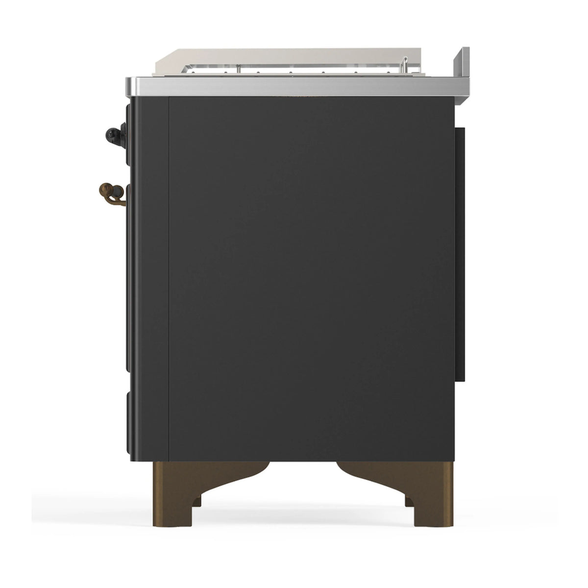 Graphite matte dual-fuel range rear view with back connections and raised mounting feet
