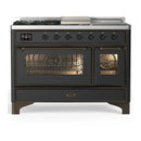 ILVE Majestic III 48-inch Dual Fuel Range with 5 Liquid Propane Burner, Griddle, French Top and Triple Glass Door Electric Oven in Graphite Matte with Burnished Trim (UM48FSNR3MGBLP)
