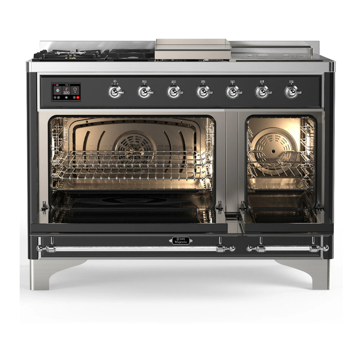 Graphite matte dual fuel range with chrome trim; two oven doors open, baking racks inside