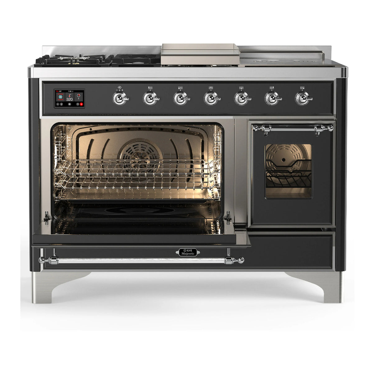 Graphite matte dual fuel range with chrome trim; left oven door open, right oven window