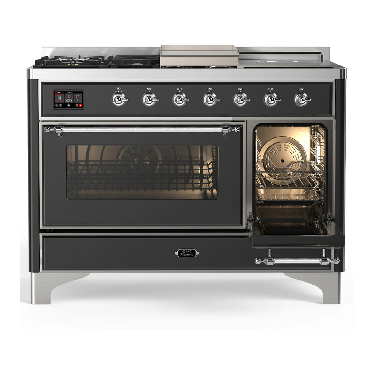 Graphite matte dual fuel range with main oven door open and side oven door closed window