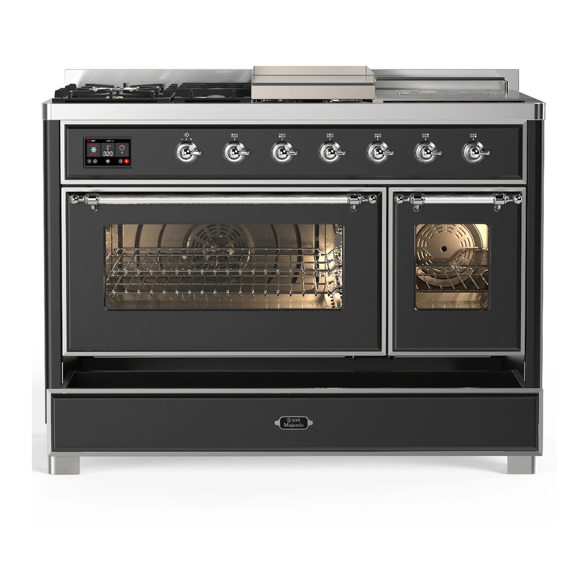 Graphite matte dual fuel range with chrome trim; oven and lower storage door closed