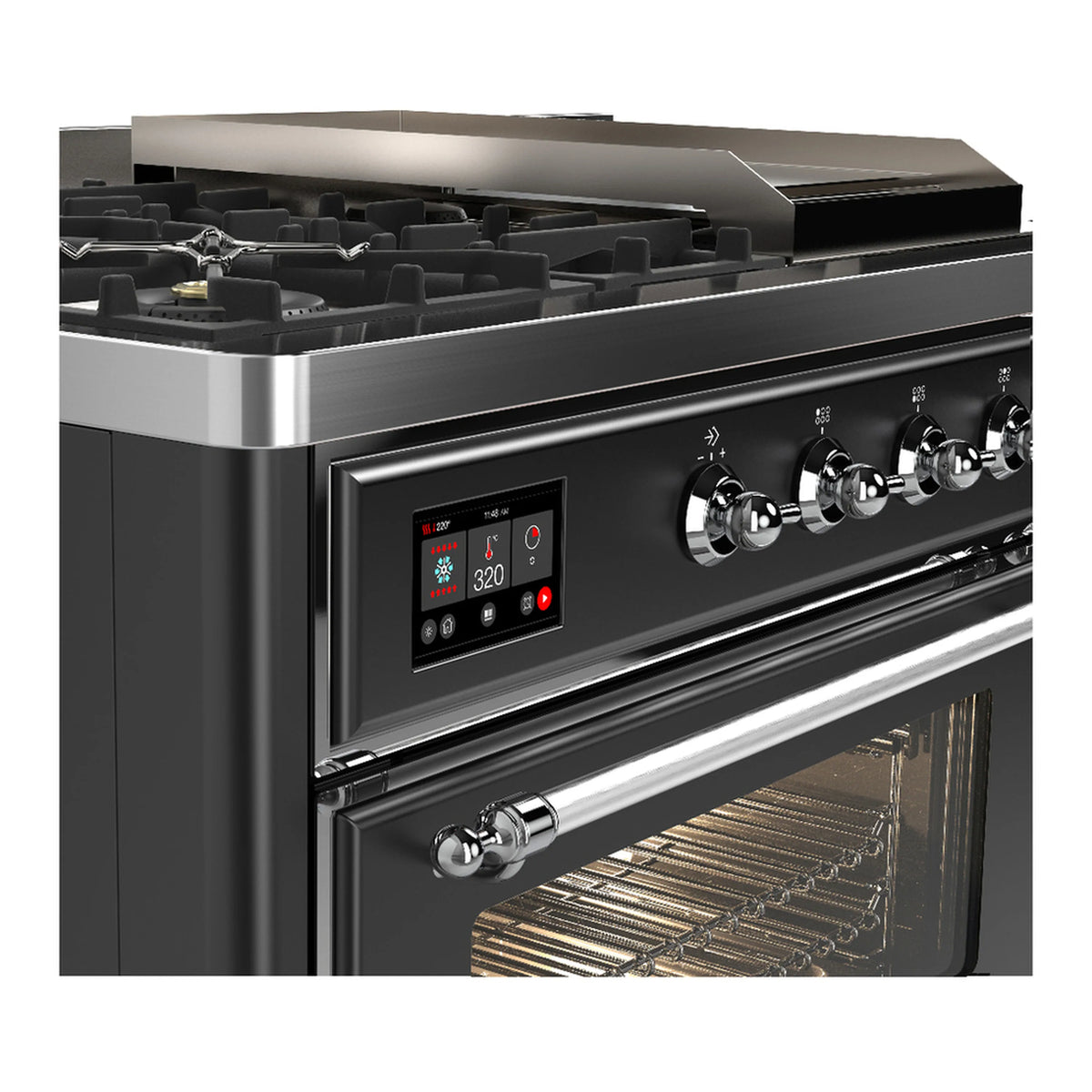 Dual fuel range front panel detail with illuminated display, chrome knobs, oven door handle