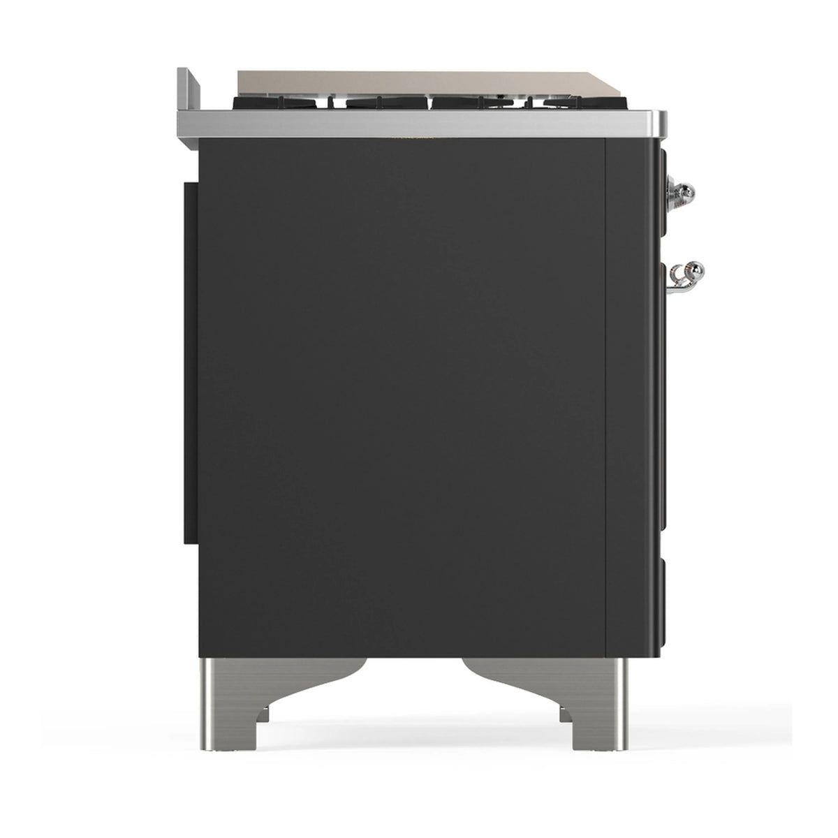 Dual fuel range side panel view in graphite matte with chrome-trim edges